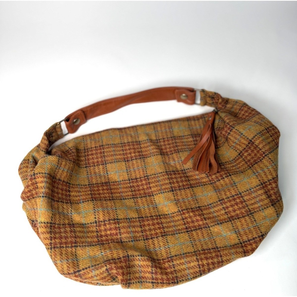 Milloo Greece Handcrafted Plaid Wool Hobo Shoulder Bag Brown Leather